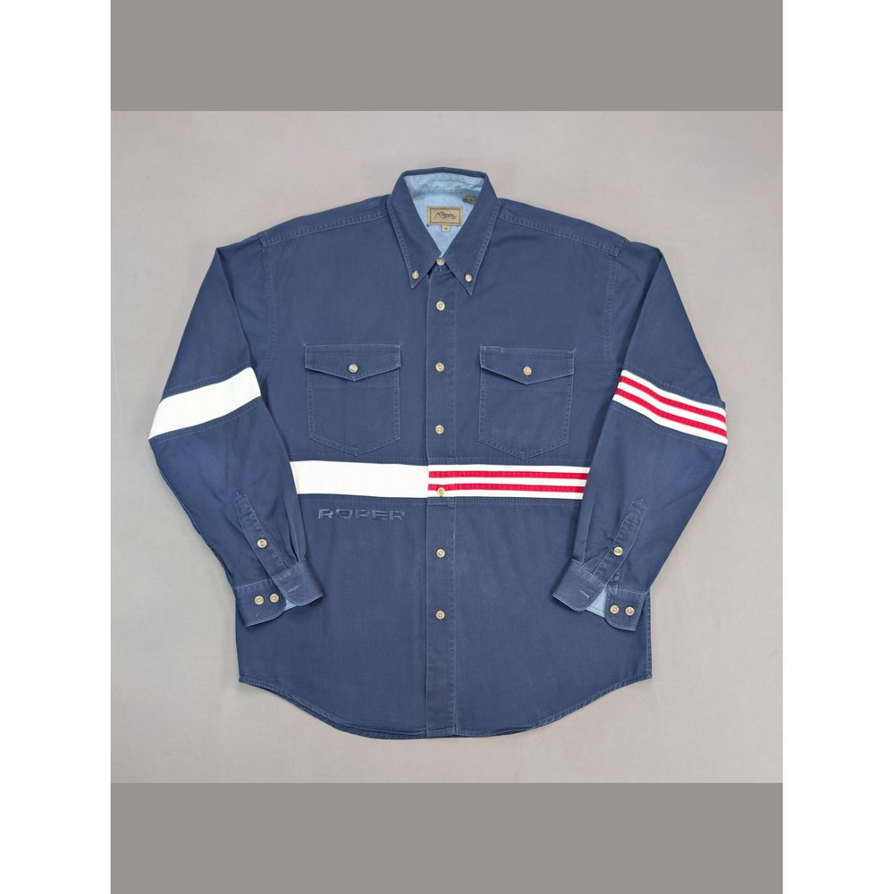 Roper Western Cotton Shirt M Blue Americana Ranch Rodeo